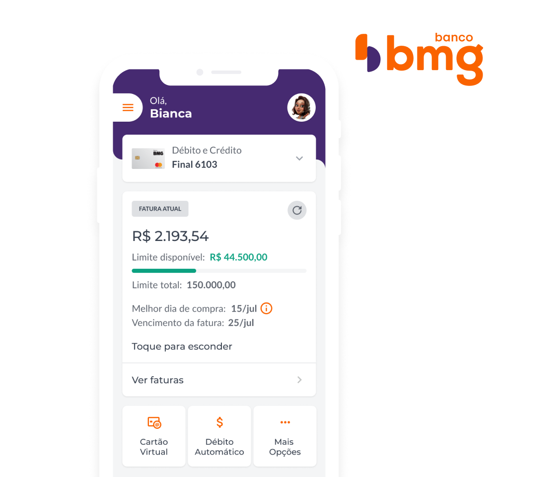 Celular com o aplicativo do Bmg aberto na sessão do cartão de crédito consignado